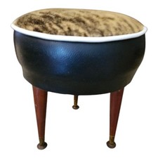 Vtg Mid Century Modern Footstool Ottoman Real Fur 3 Wood Legs 12"x14" Cow Hide 