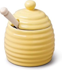 Bee Hive Design Honey Pot with Wooden Honey Dipper Drizzler, Honey Jar