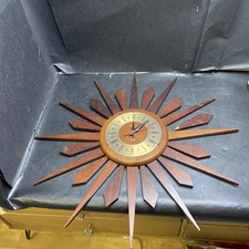 Vintage Mid Century Spectrum Sunburst Teak Wall Clock - WORKS - DAMAGED