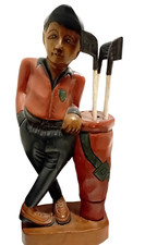 GOLFER 20" Tall HAND CARVED WITH  Wooden Golf CLUBS Statue Golfer Bag