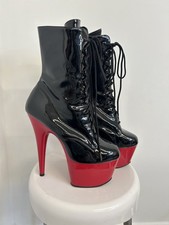 Pleaser Adore Black Patent Lace Up Platform Boots Red Heel Pole Dance Size 7
