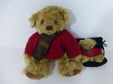 2 Small Harrods Bears. Red Jumper, Scarf. The Smaller One Has Gift Bag Attached.