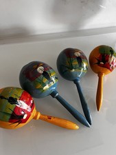 Set of 4 MARACAS Vintage Hand Painted Mexican Gourd Maracas Multicolored UNUSED