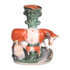 Victorian Staffordshire Cow, Calf & Maid Spill Vase (c. 1860) Damaged 