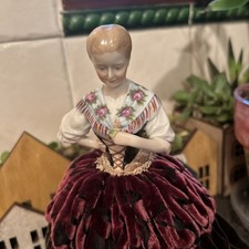 Antique Goebel Porcelain Pin Cushion Half Doll With Base And Dress