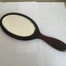 Vintage Real Ebony Wood Bevelled Edge Oval Hand Mirror Initial B On Rear 11ins