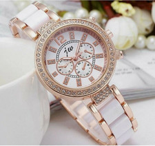  White & Gold Chronograph Style Ladies Wrist Watches Women Crystals Bling Watch