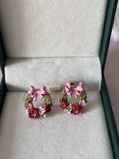 Romantic Garden Enamel Earrings with French Rose Bow and Floral Vine Details