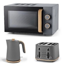 Grey Wood Textured Scandi Microwave Kettle and 4 slice Toaster Set