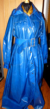 ex Dawn Rain x long shiny blue pvc raincoat with hood, belt, vintage and worn