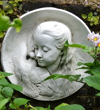 Decorative round wall plaque Girl and Dove stone home or garden plaque 46cm/18"W