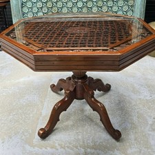 Vintage Octagonal Teak Dining Table With Glass Top, Handcarved In Gujarat, 1940s