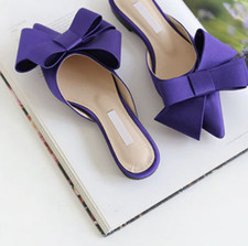 Silk Satin Pointy Slip On Flats Shoes Pointed Bow Tie Slippers Flat Small Heel