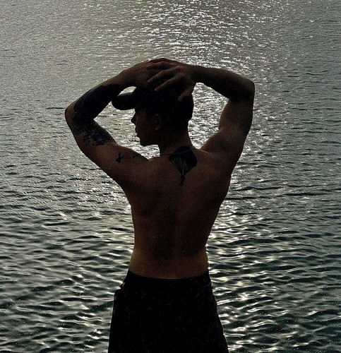 Silhouette shirtless man - , in