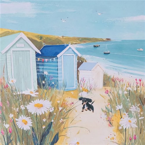 Beach huts dog blank card - beach,