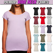 Womens Scoop Neck T-Shirt Short Sleeve Deep Wide Tops Ladies Off Shoulder Bardot