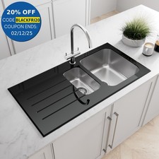 Sinkoro Kitchen Sink 1.5 Bowl LH Drainer Black Glass Stainless Steel Inset Waste