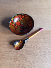 Traditional style Russian small lacquer hand painted bowl & spoon