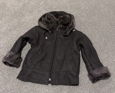 Unisex Kids Grey Leather Shearling Jacket With detachable Hood.