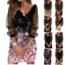 Plus Size Women V Neck Mesh Sleeve Mini Dress Evening Cocktail Party Shirt Dress