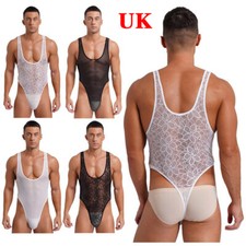 UK Men's See Through One-Piece Bodysuit Silk Glossy High Cut Leotard Underwear