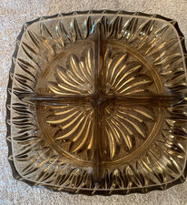 HEAVY SQUARE SMOKEY COLOURED GLASS FOUR SECTIONED Hors d'oeuvres DISH 22cm sq