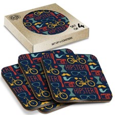 4 x Boxed Square Coasters - Hipster Mustache Bike Pattern  #14255