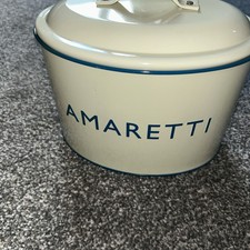 EMPTY TIN.   Amaretti Biscuits Tin Small With Lid Cream &  Teal Blue