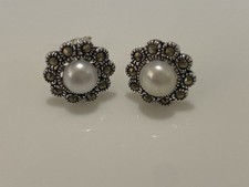 Sterling Silver 925 Marcasite Flower Stud Earrings with Freshwater Pearl