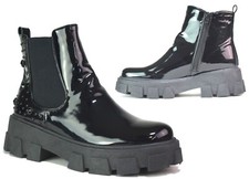 Ladies Black Ankle Boots Womens Shiny Chunky Heel Zip Up Studded Shoes Sizes 3-8