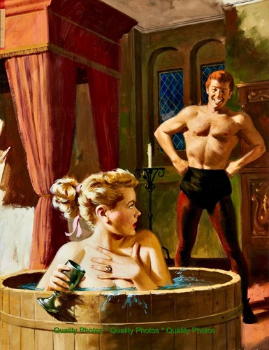 Woman wood tub startled - in, by