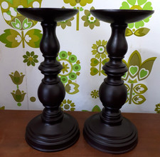 Pair Very Dark Brown Pillar Candlesticks Church Candles 25.5cms Tall (K1)