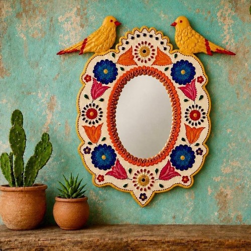 Tin mirror with birds hand - with,
