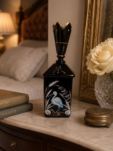 Vtg black glass vanity - black, jar