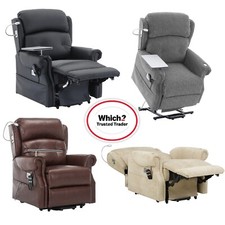 Stanbury dual motor riser recliner chair with table, USB and lamp Leather Fabric