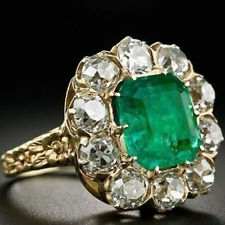 14K Yellow Gold Over 3Ct Green Emerald Diamond Vintage Art Deco Engagement Ring