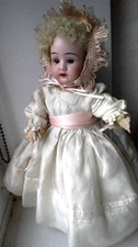 Lovely 12" Gebruder Khunlenz #44 Bisque-Head Antique Doll, on Wooden Body c1891