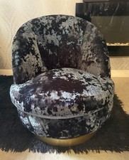 2x Modern Blue/Silver Crushed Velvet Accent Chairs, Gold Swivel Base