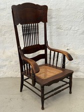 Antique High Back Armchair | Carved Wood & Cane Seat | Decorative Chair