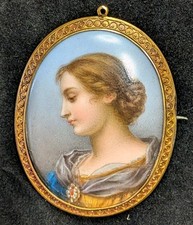 Antique Victorian Hand Painted Portrait Miniature Brooch Pin Pendant Gilt Metal