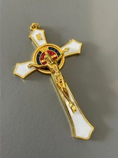 Large Goldtone metal white St Benedict  Crucifix holding Cross 11.5cms  (135)