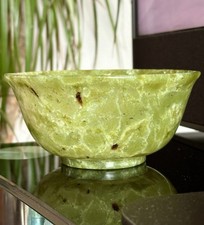 Antique Chinese Spinach Jade Bowl Hand Carved, Veined,
