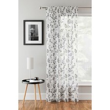 DELILA WHITE/BLACK VOILE CURTAIN PANEL FLORAL PATTERN ANY DROP SIZE (20"-90")