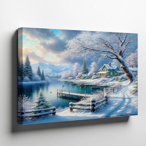Snowy lakeside cabin - snowy,