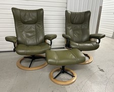 Ekornes Stressless Medium Signature Wing Dark Olive Leather Chairs & Footstool