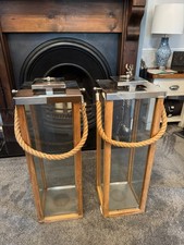 Pair of Lombok Plato Design Large Glass Wood & Rope Stormcandle  23x23x74cm