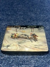 Vintage Fedoskino Russian Black Lacquer Trinket Box 10x7x3cms Horses Sleigh