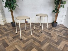 Pair Of Vintage Mid-Century White Metal & Vinyl Kitchen Stools Retro MCM