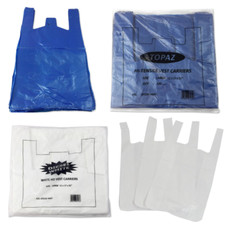 STRONG PLASTIC CARRIER BAGS 11x17x21" WHITE & BLUE VEST LARGE SHOPPING