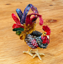 Enamel Jeweled Rooster Trinket Box Hinged Rhinestones Colourful Ring Box 4.75"